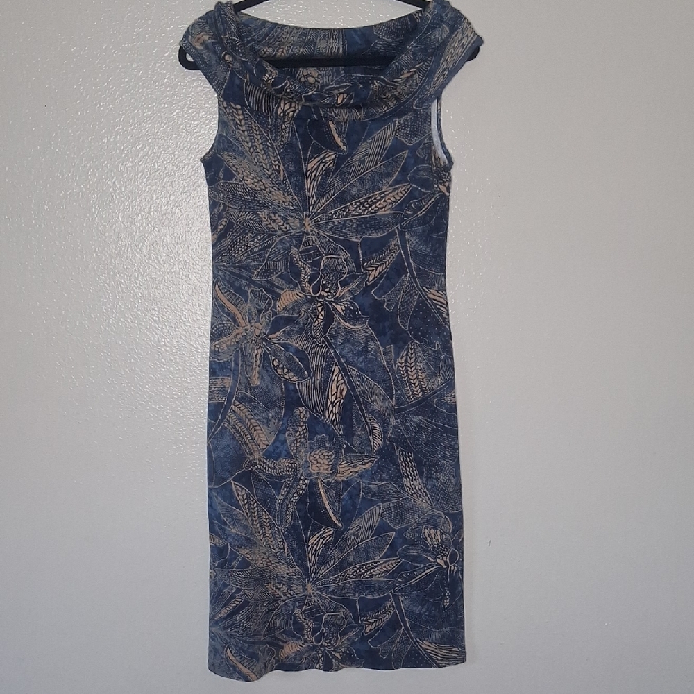 Lauren Ralph Knit Dress Off-Shoulder Cowl Neck Tropical Indigo Floral Size M